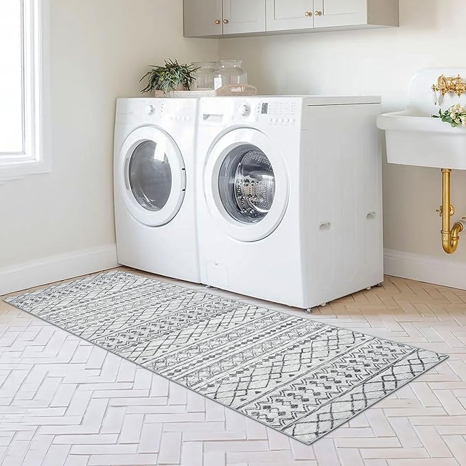 KUTA Moroccan Washable Runner Rug, 2x6 Non-Slip Vintage Grey Boho Rug